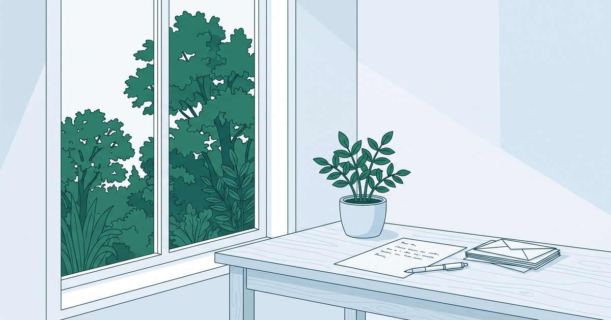 窓辺の机に置かれた書きかけの手紙とペン、観葉植物のイラスト