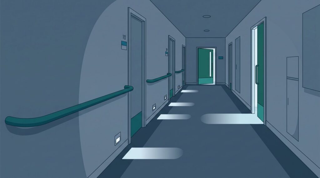 夜の介護施設の廊下。足元灯が床を照らし、奥の部屋の扉から明かりが漏れている