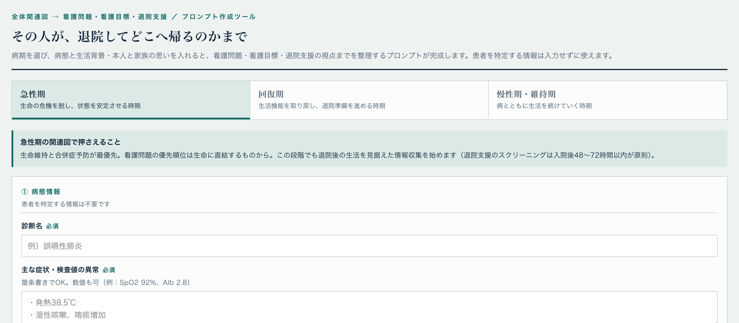 全体関連図と看護問題・看護目標・退院支援を整理するプロンプト作成ツールの画面