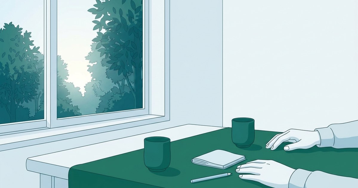 緑の木々が見える窓辺のテーブルで、湯のみを前に向かい合って話す家族の手元のイラスト