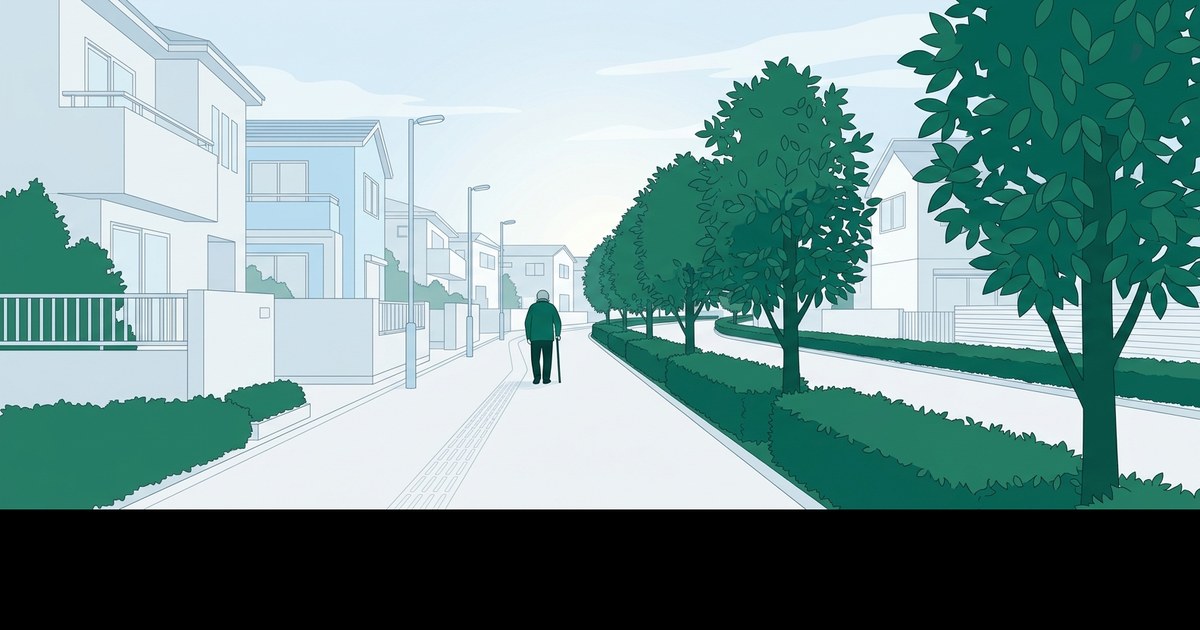 深い緑の街路樹が並ぶ朝の住宅街の歩道を、杖を持って歩く人のうしろ姿のイラスト